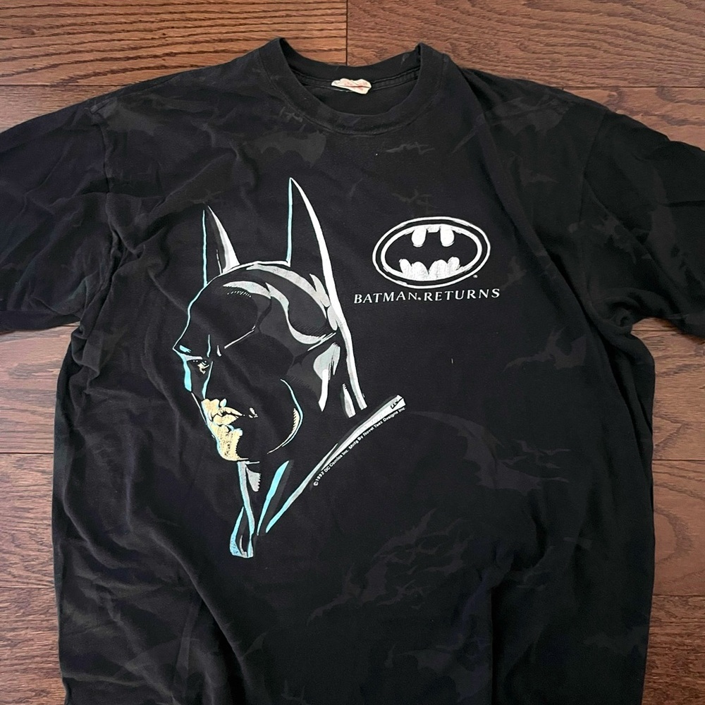 Vintage Batman Returns 1992 AOP Black Graphic Movie Promo Double Sided T-Shirt